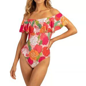 Trina Turk Off Shoulder One Piece Swimsuit 12 NWT Resort Vacation Coastal Bloom